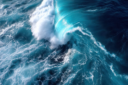 Turquoise waves surge powerfully, creating frothy white caps under bright sunlight, showcasing ocean's energy.の写真素材