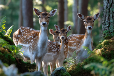 A group of spotted deer stands quietly among lush green ferns and soft moss in a tranquil forest.の写真素材