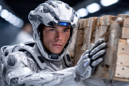 A young soldier in advanced armor carries a stack of materials through a modern facility with artificial lighting.の写真素材