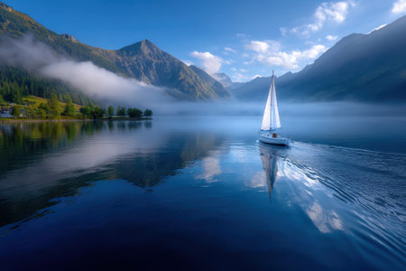 A sailboat moves gracefully through calm waters, reflecting the stunning mountains and blue sky.の写真素材