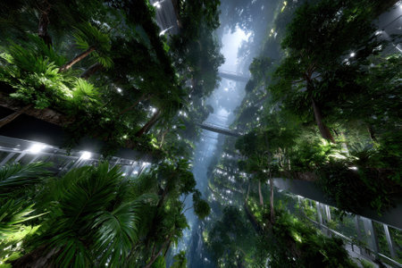Tall trees and vibrant plants thrive inside a contemporary structure filled with natural light.の写真素材