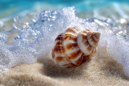 A seashell rests on the sand as waves gently wash over it, highlighting its natural beauty and texture.の写真素材