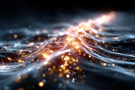 A vibrant display of glowing waves and sparks creates an ethereal experience reminiscent of outer space.の写真素材