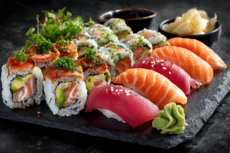 A vibrant assortment of sushi includes rolls and sashimi, artfully arranged on a black platter with garnishes.の写真素材