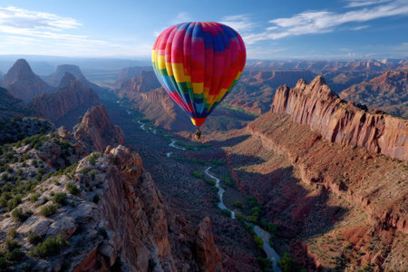 A vibrant hot air balloon glides above a majestic canyon with rocky formations and winding river below during sunrise.の写真素材