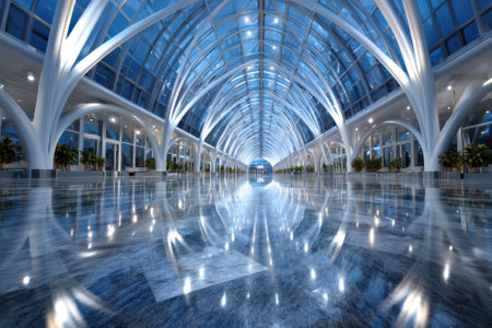 A bright, futuristic hall with glass windows and reflective floors creates a serene ambiance.の写真素材