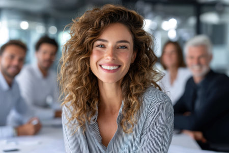 A woman with curly hair smiles confidently while a group of colleagues gathers for a discussion in a bright office.の写真素材