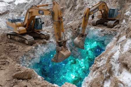 Excavators are digging into icy terrain, revealing vibrant blue crystals amidst the snow.の写真素材