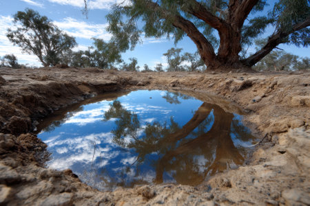 Clear blue sky and tree reflections in a waterhole amidst a dry, arid environment during midday.の写真素材