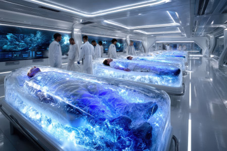 Medical staff in white coats oversee patients in cryogenic pods within a high-tech facility.の写真素材