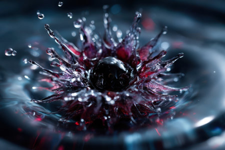 A dynamic splash of water creates a striking visual with dark tones and bright accents, showcasing beauty.の写真素材