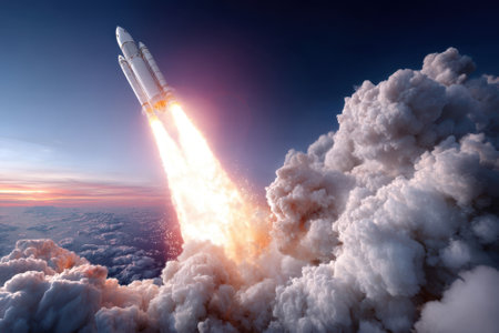 A powerful rocket ascends into the sky, leaving trails of fire and smoke during a breathtaking sunset.の写真素材