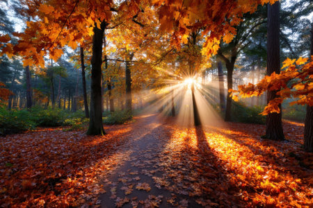 Golden sunlight streams between tall trees, illuminating colorful autumn leaves on a tranquil forest path.の素材