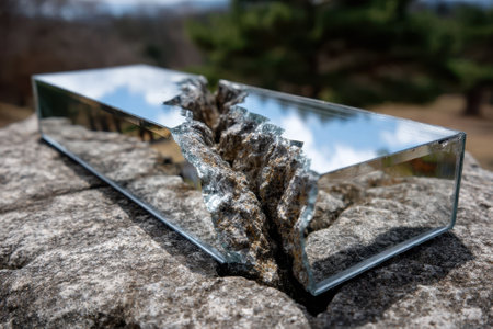 Unique sculpture of broken rock and mirror reflects clouds and trees in a tranquil landscape.の写真素材