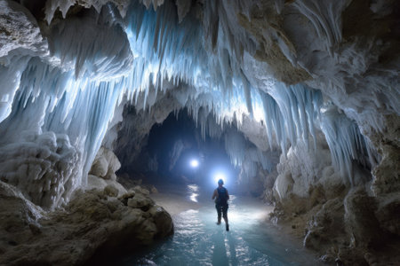A person navigates through a breathtaking ice cave, illuminated by blue lights, revealing stunning icy formations.の写真素材