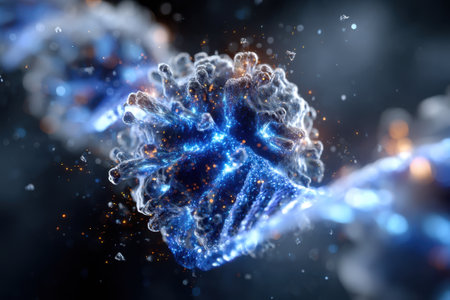 Molecular structure is prominently displayed with intricate details and bright colors representing scientific concepts.の写真素材