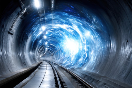 A tunnel adorned with bright cosmic lights stretches ahead, evoking a sense of adventure and mystery.の写真素材