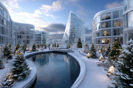 Contemporary buildings blend with snowy landscapes and evergreen trees by a peaceful waterway during winter.の写真素材
