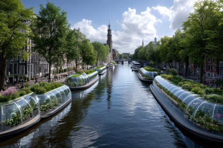 Unique floating gardens enhance the beauty of an Amsterdam canal during a sunny afternoon, showcasing greenery.の写真素材