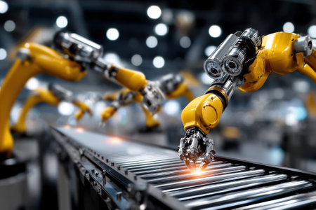 Robotic arms efficiently assemble products on a conveyor belt in a high-tech manufacturing plant.の写真素材