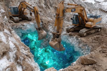 Excavators are digging into icy terrain, revealing vibrant blue crystals amidst the snow.の写真素材