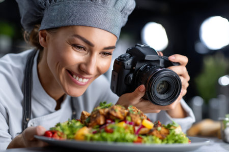 A smiling chef is taking a close-up shot of a vibrant salad full of fresh ingredients in a busy kitchen.の写真素材
