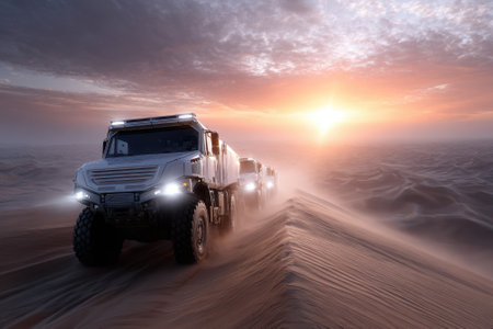 Two rugged trucks drive through a dusty desert at sunset, highlighting their powerful presence in the landscape.の写真素材