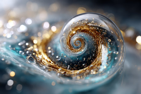 Exquisite swirl features shimmering gold and bubbles against a vibrant blue background, capturing fluid motion.の素材
