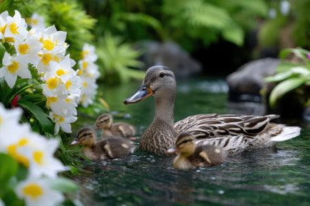 Mother duck and her ducklings glide effortlessly through the serene garden pond, surrounded by vibrant flowers.の写真素材