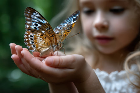 A young girl with curly hair admires a butterfly perched on her hand in a green, serene setting.の写真素材