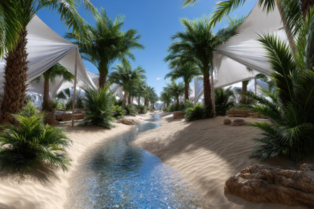 A serene oasis has clear waters winding through sandy paths, shaded by lush palm trees and white canopies.の写真素材