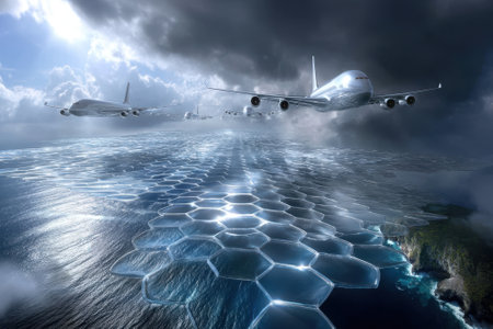 Aircraft soar above a unique hexagonal surface reflecting the ocean, with dramatic clouds in the background.の写真素材