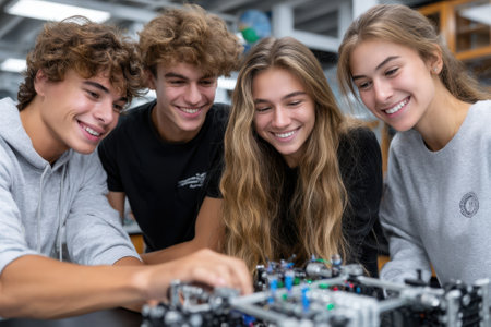 Four high school students collaborate on a robotics project in a bright, innovative classroom setting.の写真素材