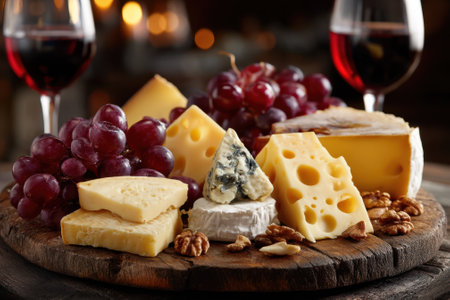 A delightful assortment of cheeses, ripe grapes, and walnuts complemented by two glasses of red wine.の写真素材