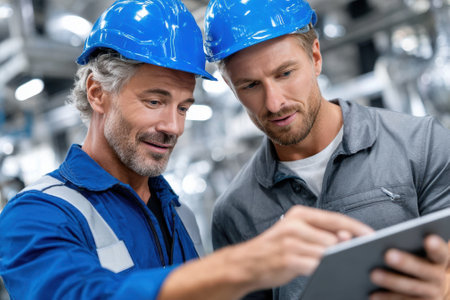 Two men in helmets review data on a tablet inside a modern manufacturing facility, discussing progress.の写真素材
