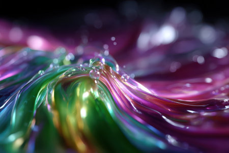 Swirling patterns of colorful liquids blend together, creating a mesmerizing effect in a deep dark space.の写真素材