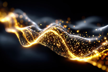 Delicate waves of golden light flow gracefully, illuminating the surrounding dark space with a captivating glow.の写真素材