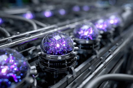 Bright purple energy spheres are arranged in a modern laboratory, showing advanced technology and design.の写真素材