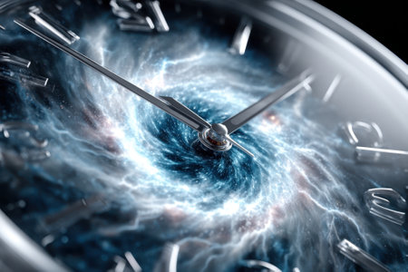 This artistic watch face features a swirling galaxy design, merging the concepts of time and the cosmos.の写真素材