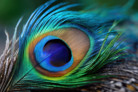 Bright peacock feather displays stunning hues of blue, green, and gold, highlighting its intricate design and texture.の写真素材
