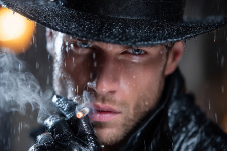 A man with striking blue eyes smokes a cigarette while standing in the rain, wearing a dark hat and coat.の写真素材