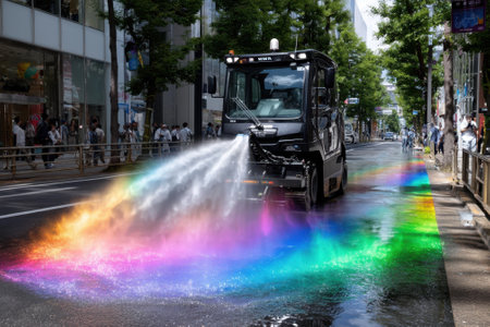 A street cleaning vehicle sprays water, creating a vibrant rainbow effect on the asphalt in an urban area.の写真素材