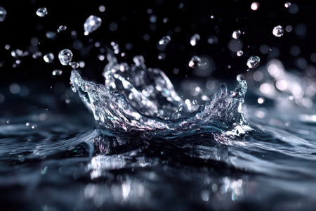 Detailed splashes are formed as water droplets collide with the surface in a dimly lit environment.の写真素材