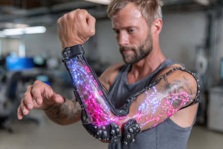 A man demonstrates a futuristic robotic arm with glowing elements in a high-tech lab environment.の写真素材