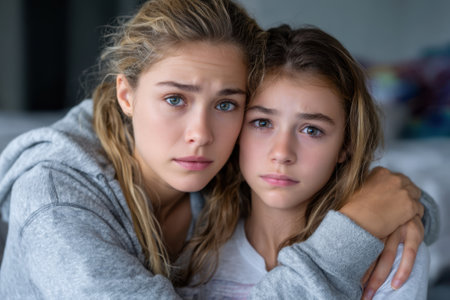 Two girls share a tender embrace, displaying deep emotions in a comfortable indoor environment.の写真素材