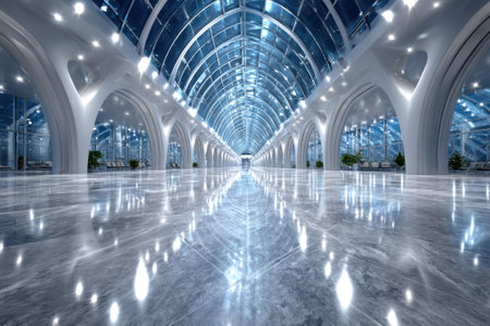Brightly lit corridor features sleek marble flooring and an elegant glass roof, creating a modern atmosphere.の写真素材