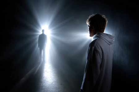 A person stands in darkness, facing a shadowy figure emerging from a bright light down a corridor.の写真素材