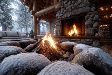 Warm flames dance in a stone fireplace while snow gently falls outside, creating a cozy atmosphere.の写真素材