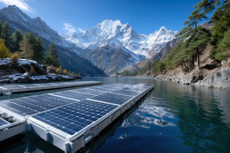 Solar panels are arranged on floating rafts in a clear lake, surrounded by majestic snow-capped mountains and trees.の写真素材