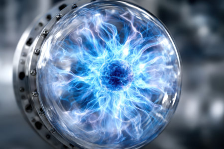 A dynamic display of swirling blue plasma emanating from a circular energy core, showing advanced technology.の写真素材